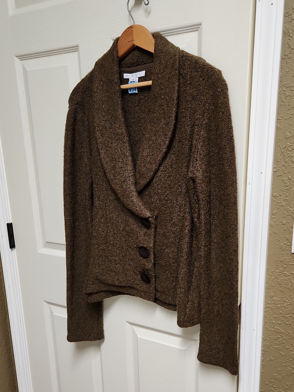 CAbi Textured Shawl Collar Brown Knit Cardigan With 2 Extra Buttons
